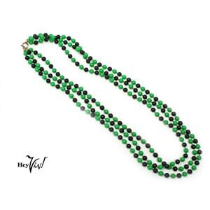 Vintage Triple Strand Bead Necklace w Green and Black Beads 23" Long - Hey Viv !